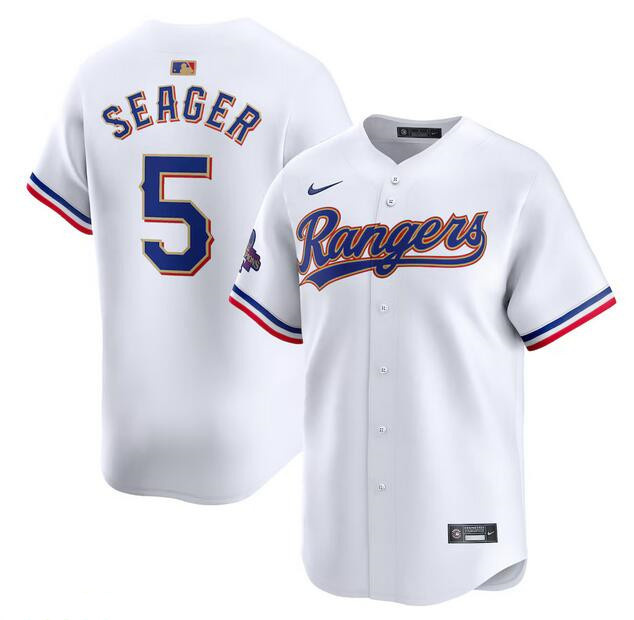 Men's Texas Rangers #5 Corey Seager White 2024 Gold Collection Cool Base Stitched Baseball Jersey